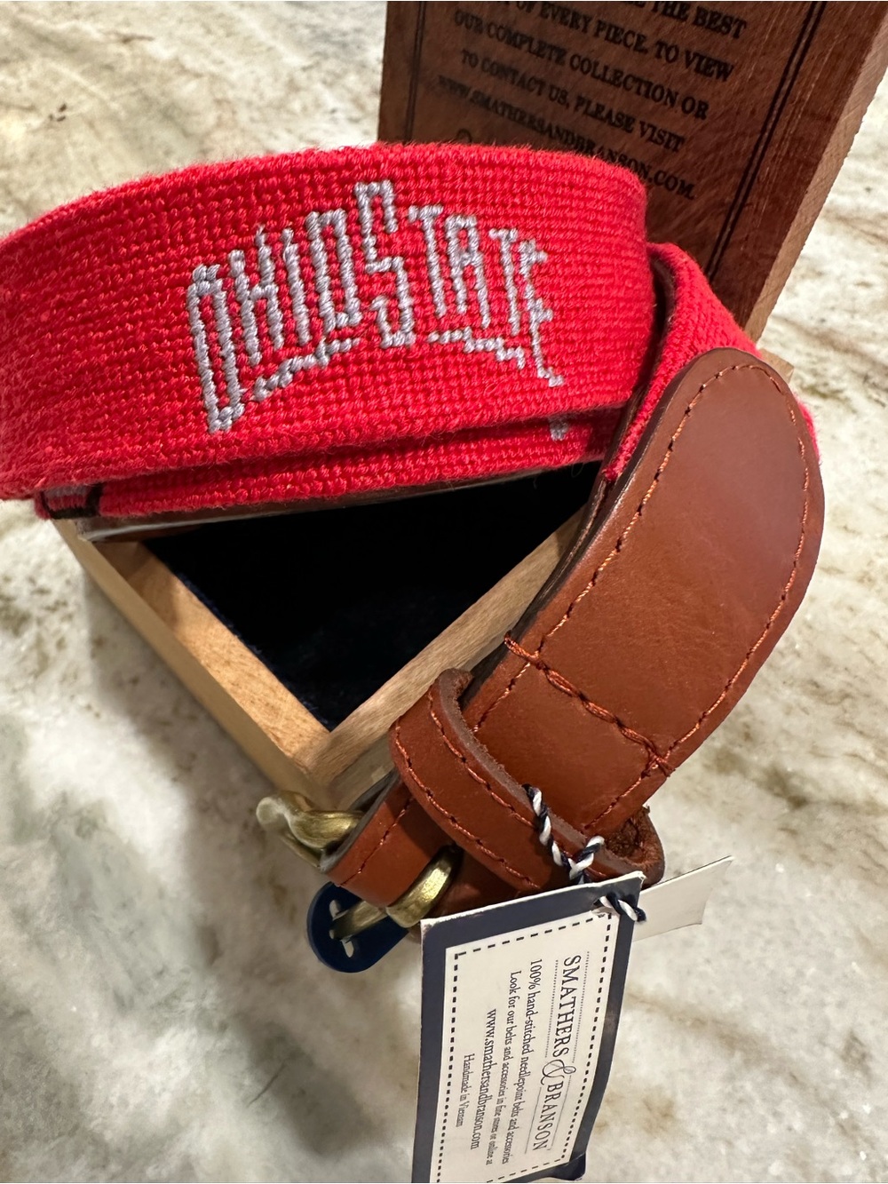 Ohio State Red Needlepoint Belt Sz 40 with Brown Leather Trim - NWT
